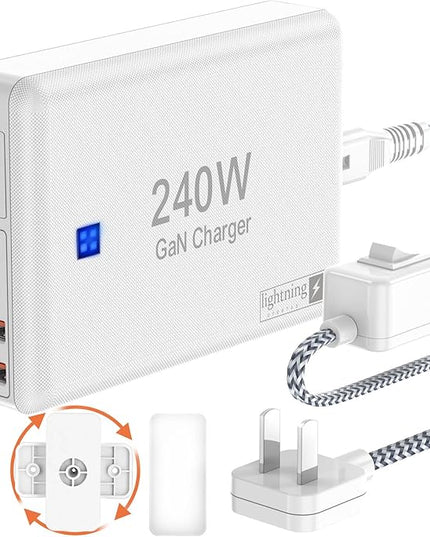 240W Fast Charging Blocks, 8-Port Charging Station for iPhone/Ipad/MacBook, 6C2A PD GaN Charger Box, USB Tower Hub 5ft Braided Power Cord with On/Off Switch, Flat Plug, Travel Essentials