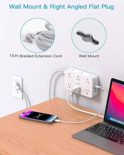 Extension Cord 15 Ft, HANYCONY Power Strip Surge Protector 12 Outlets 4 USB Ports (2 USB C), Large Desk Power Strip with Long Cord, Flat Plug, Wall Mount for Office Home College Dorm Room Essentials