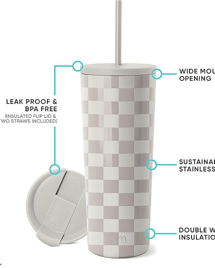 Simple Modern Insulated Tumbler with Lid and Straw | Iced Coffee Cup Reusable Stainless Steel Water Bottle Travel Mug | Gifts for Women Men Her Him | Classic Collection | 24oz | Checkmate