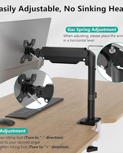 WALI Single Monitor Arm Desk Mount for 13-32 Inch Screens, Premium Gas Spring Monitor Stand with Full Motion Tilt, Swivel, Rotation, Holds up to 19.8 lbs, C-Clamp Mount for VESA 75/100mm (GSDM001S)