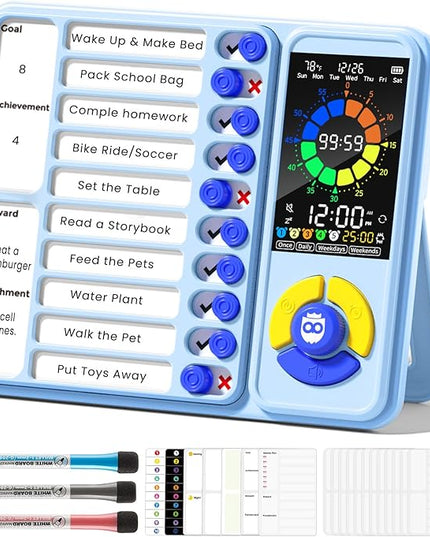 Mooking 5-in-1 Visual Timer, ADHD Tool for Kids|Adults, Visual Schedule for Kids with Autism, 12/24 Task Timer & Chore Chart Board, ADHD Tools with Daily Checklist for Home, School, Classroom - Blue