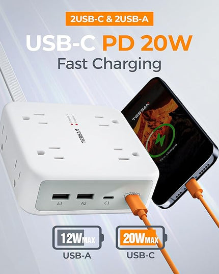 TESSAN Surge Protector Power Strip, 5 Ft Extension Cord Flat Wall Plug with 4 USB (2 USB C) 8 Outlets, 2100J Dual Surge Protection, 20W Multiple Charging Station for Home, Office, College, Dorm Room