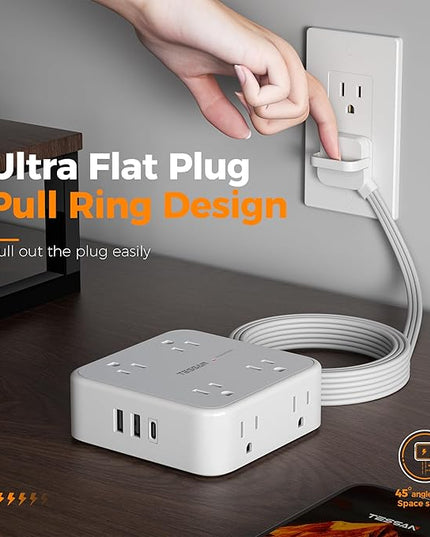 TESSAN Surge Protector Power Strip Flat Plug, Long Extension Cord 10 FT with 8 Outlets, 3 USB Ports(1 USB C), 3-Sided Outlet Extender, 900 Joules Protection, Desk Charging Station for Home, Office