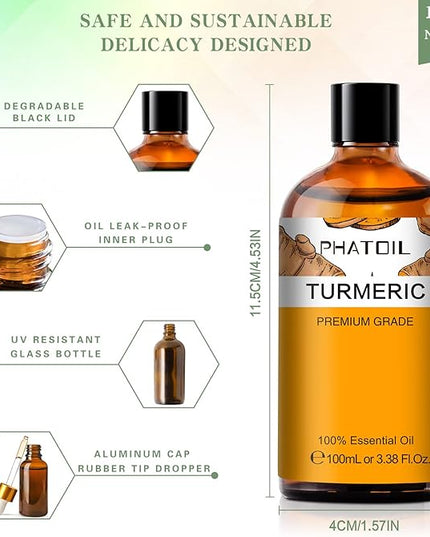 Turmeric 3.38fl.oz Essential Oil, PHATOIL Pure Aromatherapy Oils for Diffuser, Humidifier, Perfect for DIY Soap, Candle, Bath Bombs Making(100ml)
