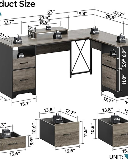 Bestier L Shaped Desk with 4 Drawers, 63" x 47" Executive Desk with Open Storage & Monitor Stand, Corner Desk with 2 File Drawers & Modesty Panel for Home Office, Gray