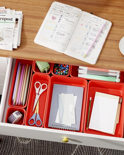 45 Pack Desk Drawer Organizer Tray, 3 Sizes Plastic Drawers Organizer Storage for Kitchen, Bathroom, Office, Vanity, Makeup, Utensils, Junk Drawer Organizer Bins, Gadget Trays for Organizing, Red