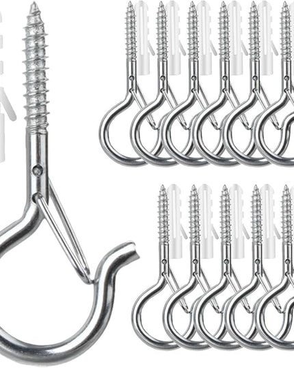 FSAH 12 PCS Q-Hanger Hooks, Screw Hooks for Outdoor String Lights, Safety Buckle Design Cup Eye Hook for Hanging Christmas Lights, Plants, Wind Chimes, Mounted on Wall Ceiling, Windproof, Silver