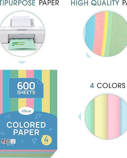 Alitte Colored Paper 8.5 x 11 - Copy Paper, 600-Pack Letter Size for Printer, Arts & Crafts, DIY Projects - Pink, Green, Blue, Yellow - School & Office Supplies - 150 Sheets Per Color