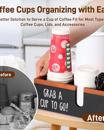 Intarsio 100% Wooden Coffee Cups Holder with U-Shape Cutout Design for Countertop-Coffee Bar Organizer for Cups, Lids, Pods, Stirrers, and Accessories, Great Gift for Home or Office