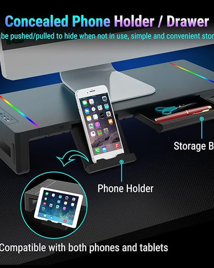 Yunseity Monitor Stand with 4 USB Ports, Height Adjustable Monitor Riser with Phone Charger, USB Ports Hub and Drawer Storage, RGB Lighting Desktop Organizer for Laptop TV Speaker