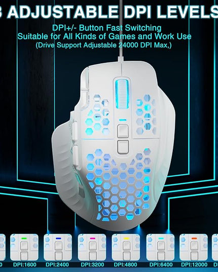 SOLAKAKA SM809 Gaming Mouse for MMO,24000 DPI,16 Programmable,RGB PC Gaming Mice,White