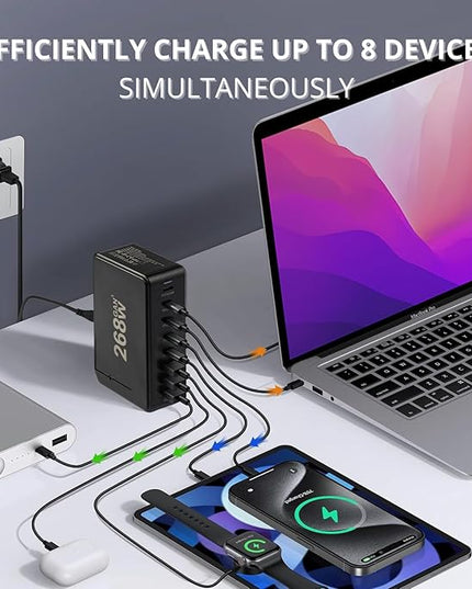 268W GaN USB Type C Charger 8 Ports Fast Charging Station PD QC4.0, USB C Laptop Charger Compatible with MacBook Pro/Air, iPads, Samsung Galaxy Note, iPhone 16/15/14/13/12 Mini/Pro/Pro Max