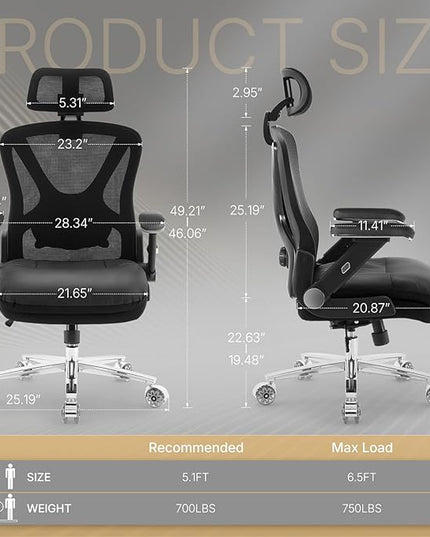 750lbs Big and Tall Office Chair,Heavy Duty Office Chair with 5D Flip Arms and Adjustable Lumbar Support, Ergonomic Mesh High Back Desk Chair, Ergonomic Executive Home Office Computer Chair