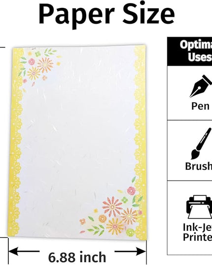 Iyo Washi Stationery Paper 15 Sheets (9.7 x 6.9 inch), Made in Japan, Yellow Flowers Stationery Paper Japanese Paper, Printable, Inkjet Printer, for Letter Writing, Greeting Card