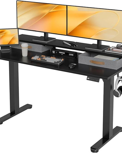 Claiks Electric Standing Desk with 2 Drawers, Adjustable Standing Desks with Storage, Height Adjustable Stand up Desk for Home Office with 2 Hooks,55 Inch Black