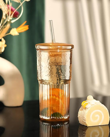 Joeyan 22 oz Amber Glass Tumbler with Straw and Lid for Iced Tea Coffee Smoothie Water Juice Beverages Soda,Ribbed Glasses Cups,Borosilicate Drinking Jar,Set of 2,Dishwasher Safe