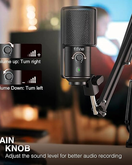 FIFINE USB Podcast Microphone, PC Computer Condenser Microphone Plug & Play Mic Kit with Boom Arm Stand, 16MM Large Diaphragm, Mute Button for Recording Singing Streaming YouTube Gaming-T669PRO1