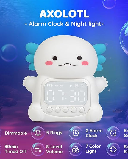 Axolotl Alarm Clock with Night Light for Kids, Rechargeable Silicone Lamp Time to Wake Clock Cute Animal Tabletop Lamp, Perfect Sleep Companion for Boys Girls, White