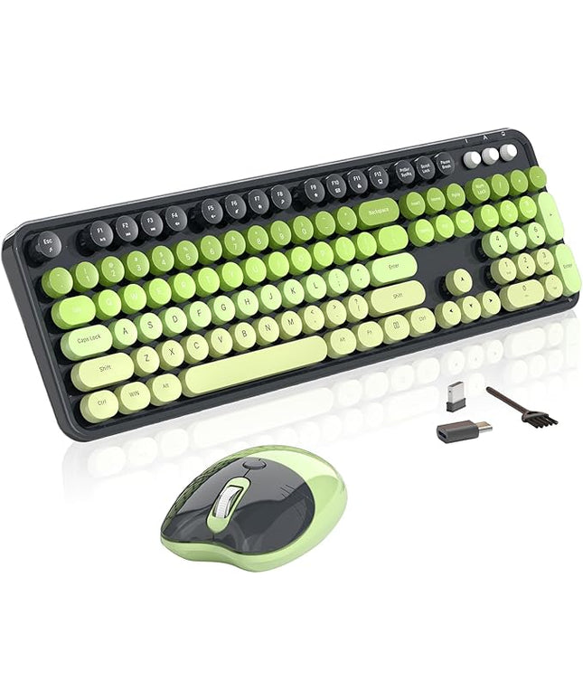 Wireless Keyboard and Mouse, MOFII 104 Round Keycaps Retro Typewriter with OTG & Brush, Full-Size Ergonomic, Ideal for Windows PC, Home, Office and College Gray Green