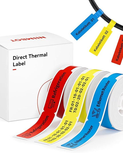NIIMBOT D11 D110 Label Maker Tape Adhesive White Label Paper 0.47" X 4.29" (12.5 X 109mm) 65 Labels/Roll, Compatible for NIIMBOT D11 D110 Label Printer, Thermal Paper,Red Yellow Blue, 3-Roll