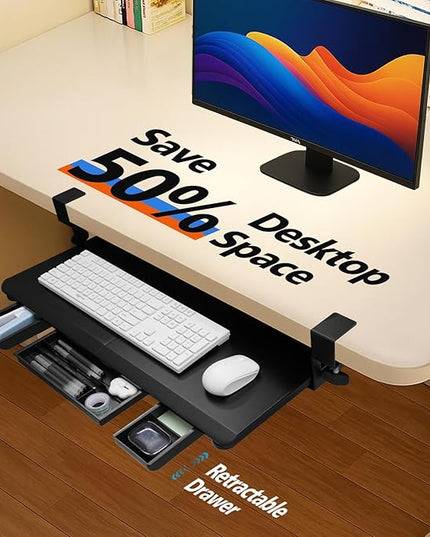 Large Keyboard Tray Under Desk Slide Out with Sturdy C-Clamp Mount and Storage Drawer, 27" (31" Including Clamps) x 12" Ergonomic Keyboard Trays for Home and Office, Black