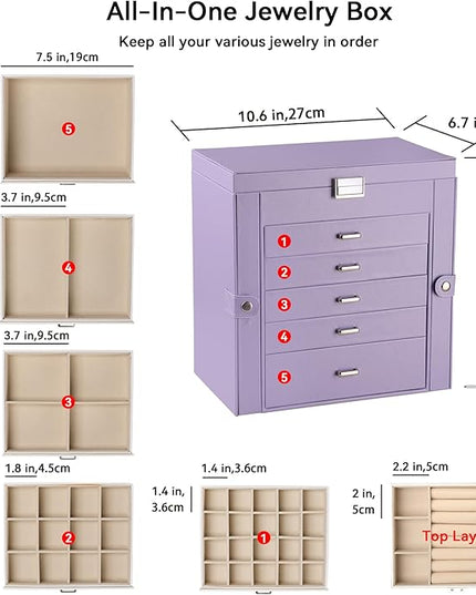 Frebeauty Large Jewelry Box,6-Tier PU Leather Jewelry Organizer,Multi-functional Storage Case with Mirror,Accessories Holder with 5 Drawers for Necklace Bracelets Watches（Purple）
