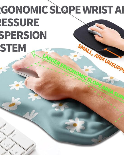 Ergonomic Slope Mouse Pad Wrist Support, Wrist Rest Mousepad for Carpal Tunnel Pain Relief with Massage Bulge and Slow Rebound Memory Foam (12x8 inch, White Flowers)