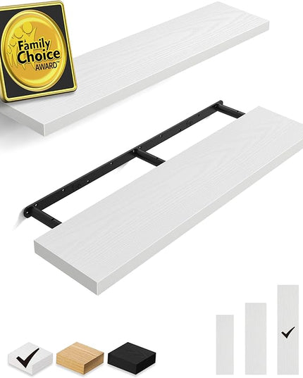 BAYKA Floating Shelves for Wall, 36 inches Long Wall Mounted Rustic Wood Shelves for Bathroom, Bedroom, Living Room, Kitchen, Office, Hanging Shelf for Books/Storage/Decor(White,Set of 2)