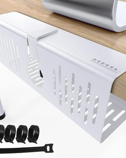 NODOCA No Drill Under Desk Cable Management Tray, 14'' Wire Management, Punch-Free Clamp on, Metal Cable Tray, Wire Organizer, Under Desk Basket for Office and Home, White