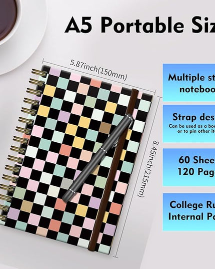 Spiral Journal Notebook, A5 Cute Notebooks for Women Men, College Ruled Hardcover Notebook for Work & Note Taking, 60 Pages Double-Wire Journals for Writing (Colored Checkerboard)
