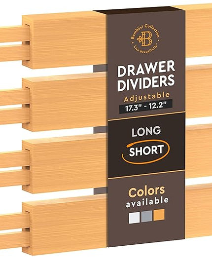 4 Pack Drawer Divider - Bamboo 2.6" High, 12.5-17" Adjustable Drawer Organizers for Clothes, Expandable Dresser Separators in Bedroom, Bathroom, Kitchen, Office Organization and Storage