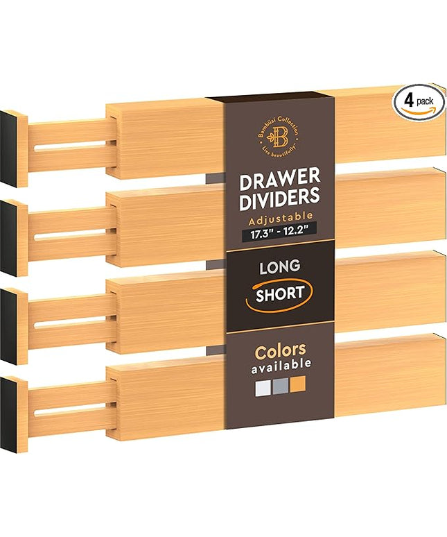 4 Pack Drawer Divider - Bamboo 2.6" High, 12.5-17" Adjustable Drawer Organizers for Clothes, Expandable Dresser Separators in Bedroom, Bathroom, Kitchen, Office Organization and Storage