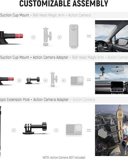 NEEWER Triple Suction Cup Car Mount Kit, Carbon Fiber Camera Mount with Action Camera Adapter, NATO Rail & 24"/60cm Extension Pole Compatible with GoPro Insta360, 2.2lb/1kg Max Load, CA136