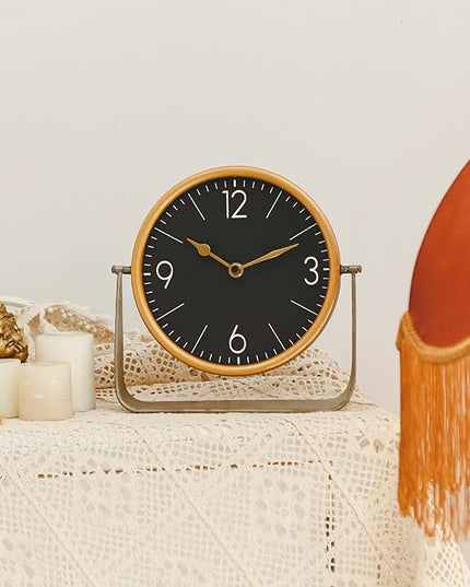 NIKKY HOME Vintage Table Clock, Black Desk Clock on Stand Decorative Desk and Shelf Clocks Metal Tabletop Clock Silent Non-Ticking with Battery Powered for Living Room