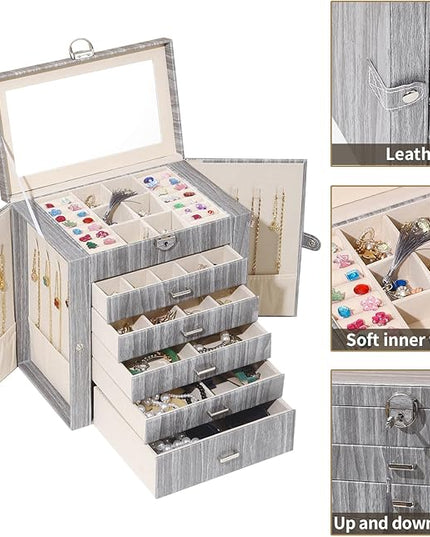 BOOVO Jewelry Box For women, 6 Layer Large Jewelry Organizer With Mirror, Accessory Holder With 5 Drawers, For Earrings Necklace Ring Bracelet (woodgrain grey)