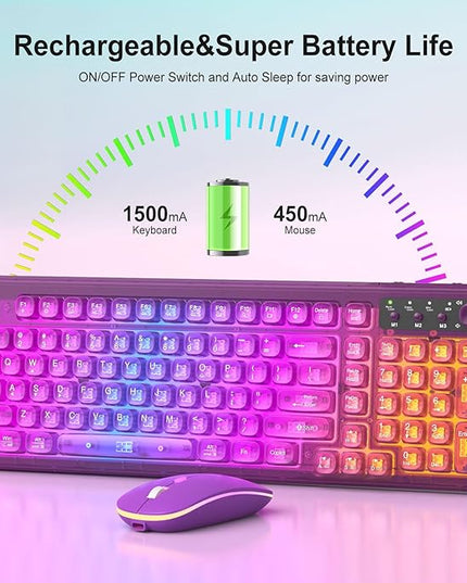Purple Light Up Keyboard and Mouse Wireless,Cute 2.4Ghz Cordless Rechargeable Transparent Backlit Keyboard,15 Backlight Effects,Volume Knob,RGB Mouse with 3 DPI for Mac Computer PC Laptop Desktop iPad