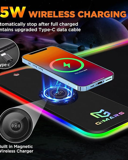 Gimars RGB Gaming Mouse Pad,15W Wireless Charging Mousepad with 10 Light Modes, Large Mousepad with Premium Smooth Surface, Non-Slip Mouse Mat for Gaming, Desk, PC,Office, 31.5x11.8x0.16inch