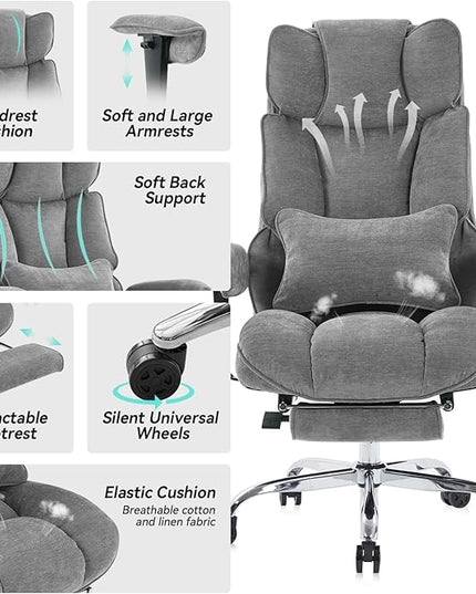 Efomao Executive Office Chair, Soft-Cushioned Computer Chair with Foot Rest, Fabric Home Office Desk Chairs, Big and Tall Office Chairs, Grey