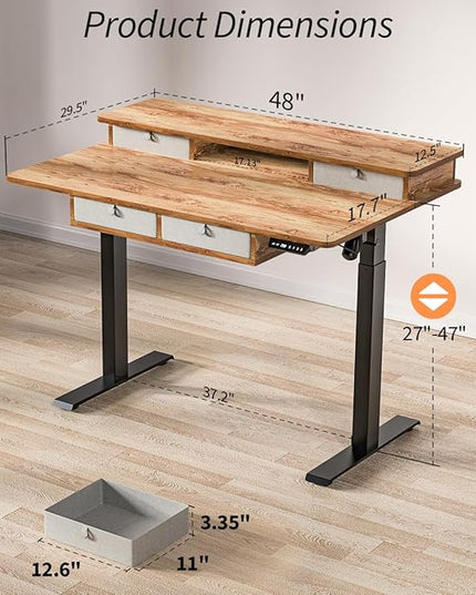 Kingant Standing Desk with Drawers & USB Charging Port, 48" x 30" Height Adjustable Home Office & Gaming Desk, Sit Stand Desk with Built-in Storage Shelf, Hook & Ergonomic Design(Light Rustic)