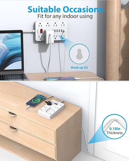 Power Strip with USB,Surge Protector Flat Plug with 8 Widely Spaced Outlets and 6 USB Ports(1 USB C), 5ft Extension Cord Wall Mountable Phone Tablet Laptop Computer Multiple Devices