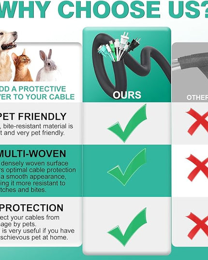 UOMTFAI Dog and Cat Cord Protector 25ft - 1/2inch, Flexible Cable Sleeve for Easy Cord Management, Protects Cables from Pets Chewing, Ideal for USB, Power, Audio and Video Cords - Black