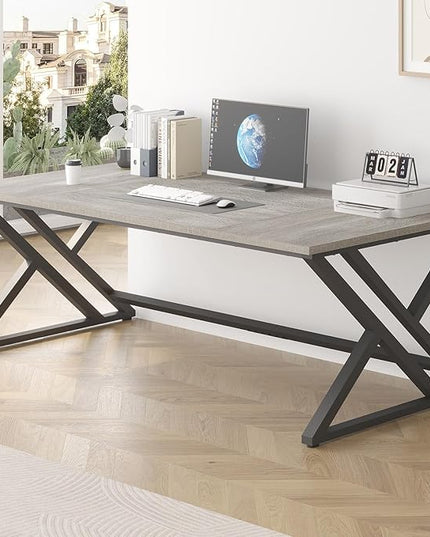 LVB Modern Long Office Desk, Large Wood Metal Computer Desk, Industrial Double Workstation Desk for Two People, Rustic PC Executive Work Study Writing Computer Table for Home, Light Grey Oak, 78.7 in