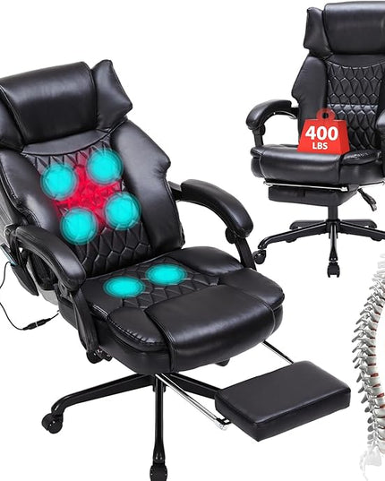 Massage Office Chair with Foot Rest 6 Points Vibration and Heat Home Office Desk Chairs for Heavy People 400lbs Reclining Managerial Chairs Ergonomic Executive Chair (Black)