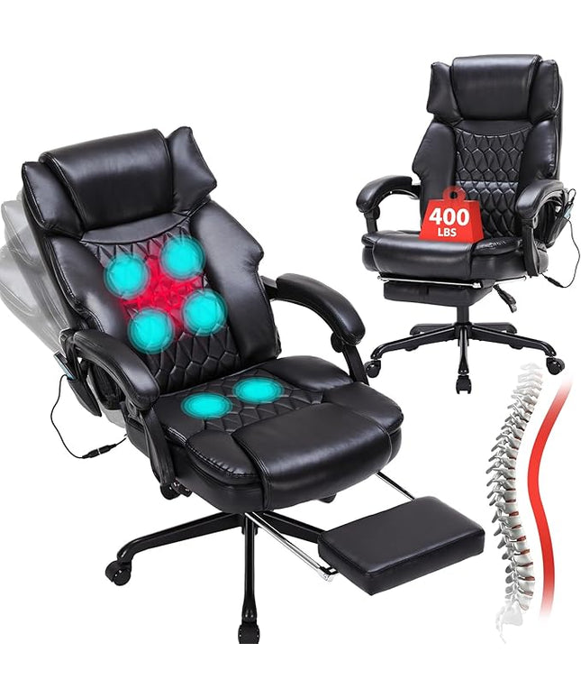 Massage Office Chair with Foot Rest 6 Points Vibration and Heat Home Office Desk Chairs for Heavy People 400lbs Reclining Managerial Chairs Ergonomic Executive Chair (Black)