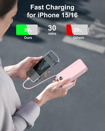 20000mAh Ultra-Portable-Charger-Power-Bank PD20W with Built in Cables&AC Wall Plug,Fast Charging Cell Phone Charger Battery Pack,LED Display Travel Battery Bank for All iPhone,Samsung,Android