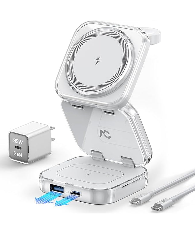 5-in-1 Wireless Charger for MagSafe, AC ISLAND Portable Travel Charging Station, 35W Max Fast Foldable Magnetic Stand, Evolved for iPhone 17-12 & Air Series, Apple Watch, AirPods (with 35W Adapter)