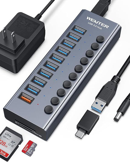 WENTER Powered USB Hub 3.0 with SD/TF Card Reader, Aluminum 10 Port Powered USB Hub (9 USB 3.0 Data Transfer Port & 1 USB Fast Charging Port Hub) USB 3.0 Hub for PC, Laptop