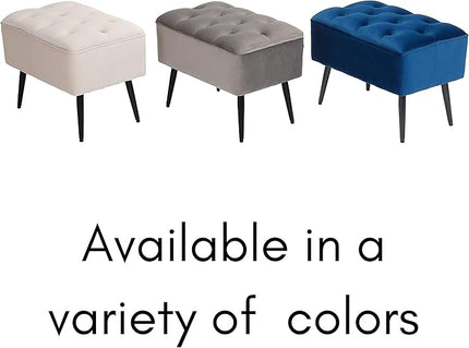 BIRDROCK HOME Tufted Rectangle Grey Ottoman – Velvet Foot Stool – Mid Century Modern Steel Legs - Soft Compact Padded Stool - Living Room or Bedroom – Vanity Chair - Decorative Furniture