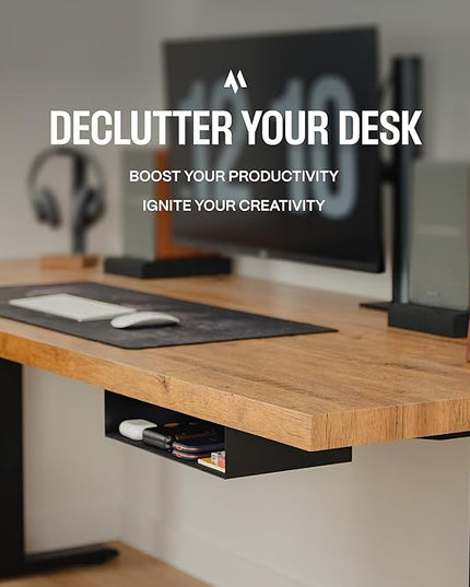COREMINDED Under Desk Storage Shelf - Carbon Steel Under Desk Tray with Cable Management, Mountable Add-On Shelf for Table & Office Desks (13" x 8" x 2.8")