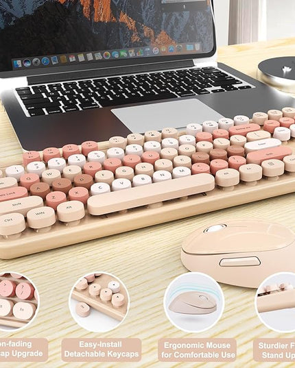 Wireless Keyboard and Mouse Combo, Ergonomic Full Size Typewriter Retro Round Keycaps Keyboard, Compatible with Windows, PC, Perfer for Home and Office Keyboards (Chocolate Color)